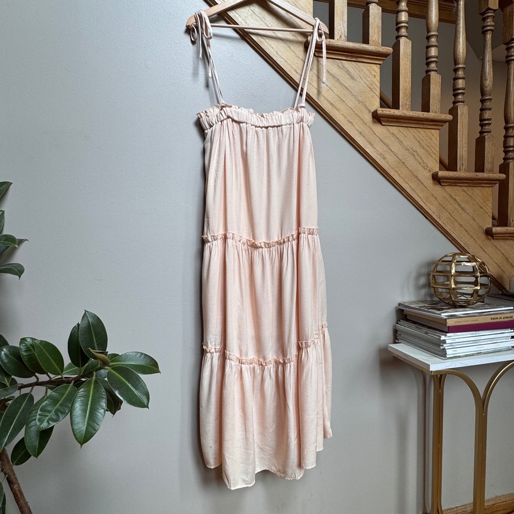 NWT BTFBM Women Midi Sun Dress S Pastel Pink Smocked Babydoll Boho Cottage Beach